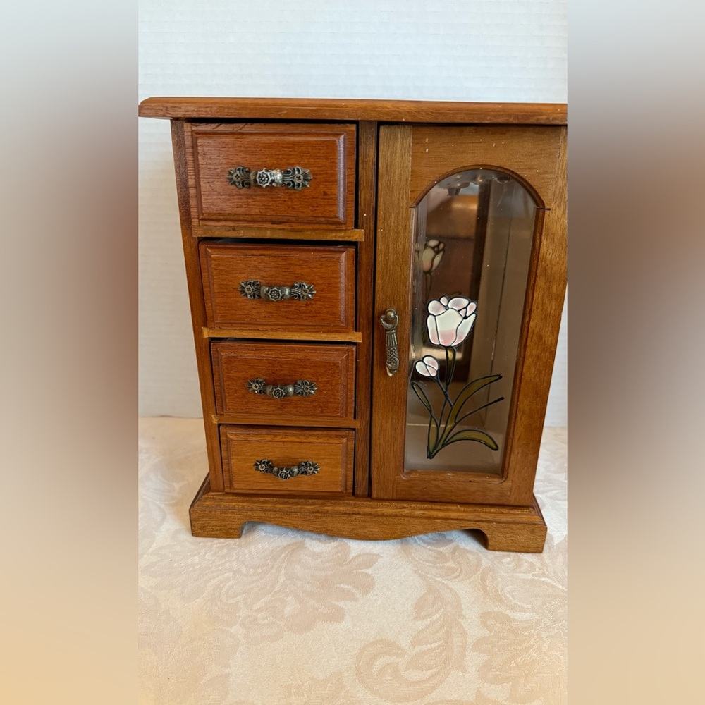 VINTAGE tabletop SIZE Wood Jewelry Box with Floral Mirrored Door BY MELE EUC
